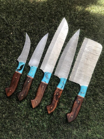 Custom Damascus Steel Chef Knife Bundle  Handmade Forged 5pcs Kitchen Set 1