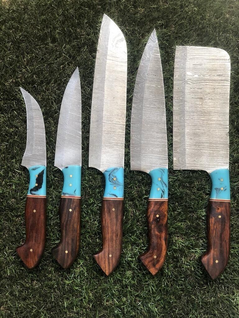 Custom Damascus Steel Chef Knife Bundle  Handmade Forged 5pcs Kitchen Set 2