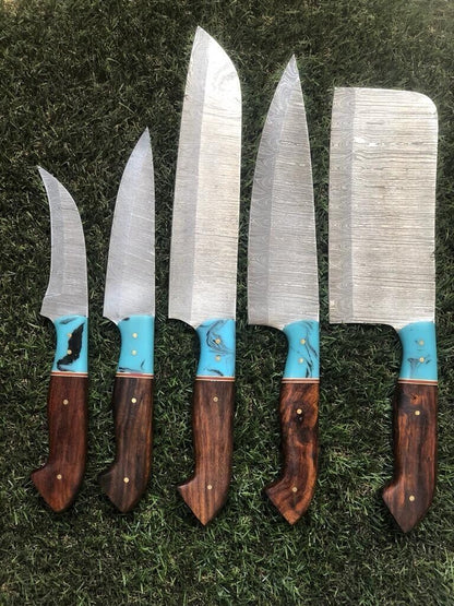 Custom Damascus Steel Chef Knife Bundle  Handmade Forged 5pcs Kitchen Set 2