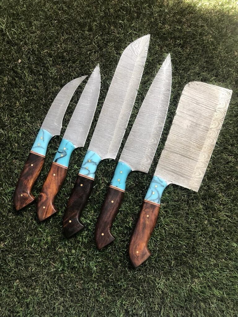 Custom Damascus Steel Chef Knife Bundle  Handmade Forged 5pcs Kitchen Set 3