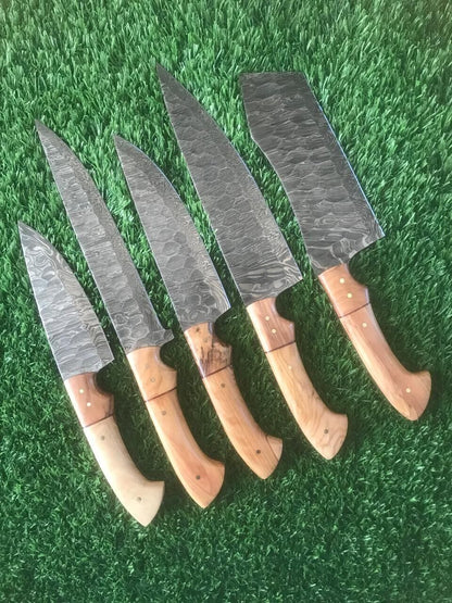 Handmade Damascus Steel Kitchen Knife Set | Forged Chef Cutlery 5pcs