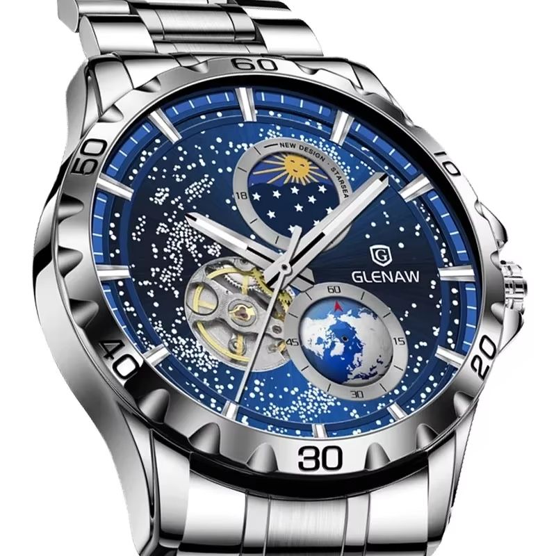 GLENAW Rotating Earth Automatic Mechanical Watch – Double Second Hand Men's Luxury Wristwatch with Starry Sky Dial and S