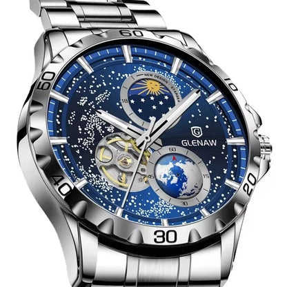 GLENAW Rotating Earth Automatic Mechanical Watch – Double Second Hand Men's Luxury Wristwatch with Starry Sky Dial and S
