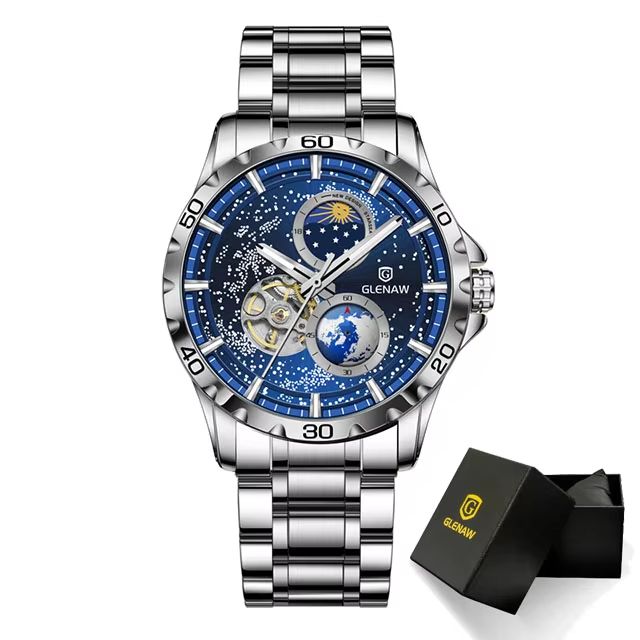 GLENAW Rotating Earth Automatic Mechanical Watch  Double Second Hand Mens Luxury Wristwatch With St 9