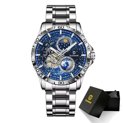 GLENAW Rotating Earth Automatic Mechanical Watch  Double Second Hand Mens Luxury Wristwatch With St 9