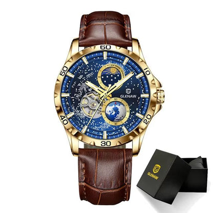 GLENAW Rotating Earth Automatic Mechanical Watch  Double Second Hand Mens Luxury Wristwatch With St 10
