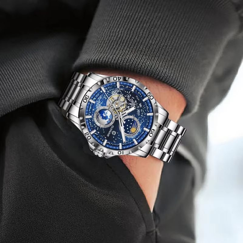 GLENAW Rotating Earth Automatic Mechanical Watch  Double Second Hand Mens Luxury Wristwatch With St 1