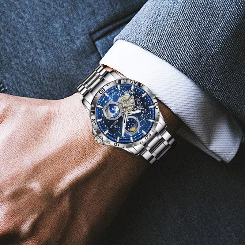 GLENAW Rotating Earth Automatic Mechanical Watch  Double Second Hand Mens Luxury Wristwatch With St 2