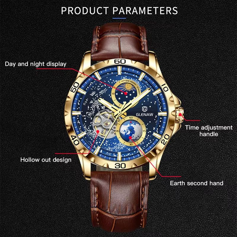 GLENAW Rotating Earth Automatic Mechanical Watch  Double Second Hand Mens Luxury Wristwatch With St 3