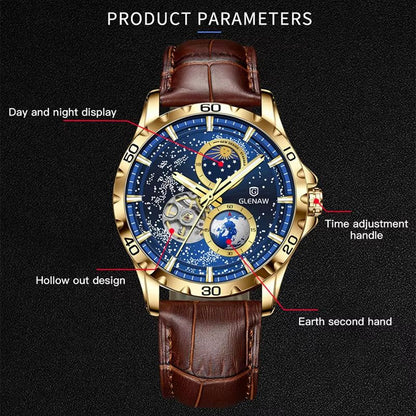 GLENAW Rotating Earth Automatic Mechanical Watch  Double Second Hand Mens Luxury Wristwatch With St 4
