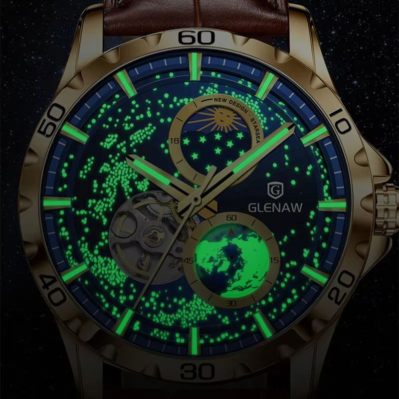 GLENAW Rotating Earth Automatic Mechanical Watch  Double Second Hand Mens Luxury Wristwatch With St 5