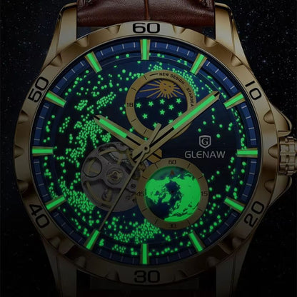 GLENAW Rotating Earth Automatic Mechanical Watch  Double Second Hand Mens Luxury Wristwatch With St 5