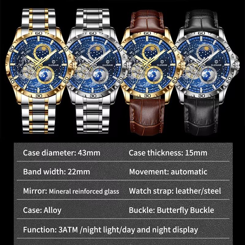 GLENAW Rotating Earth Automatic Mechanical Watch  Double Second Hand Mens Luxury Wristwatch With St 6