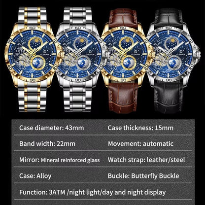 GLENAW Rotating Earth Automatic Mechanical Watch  Double Second Hand Mens Luxury Wristwatch With St 6
