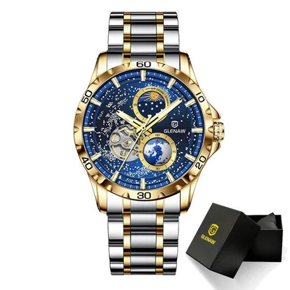 GLENAW Rotating Earth Automatic Mechanical Watch  Double Second Hand Mens Luxury Wristwatch With St 8