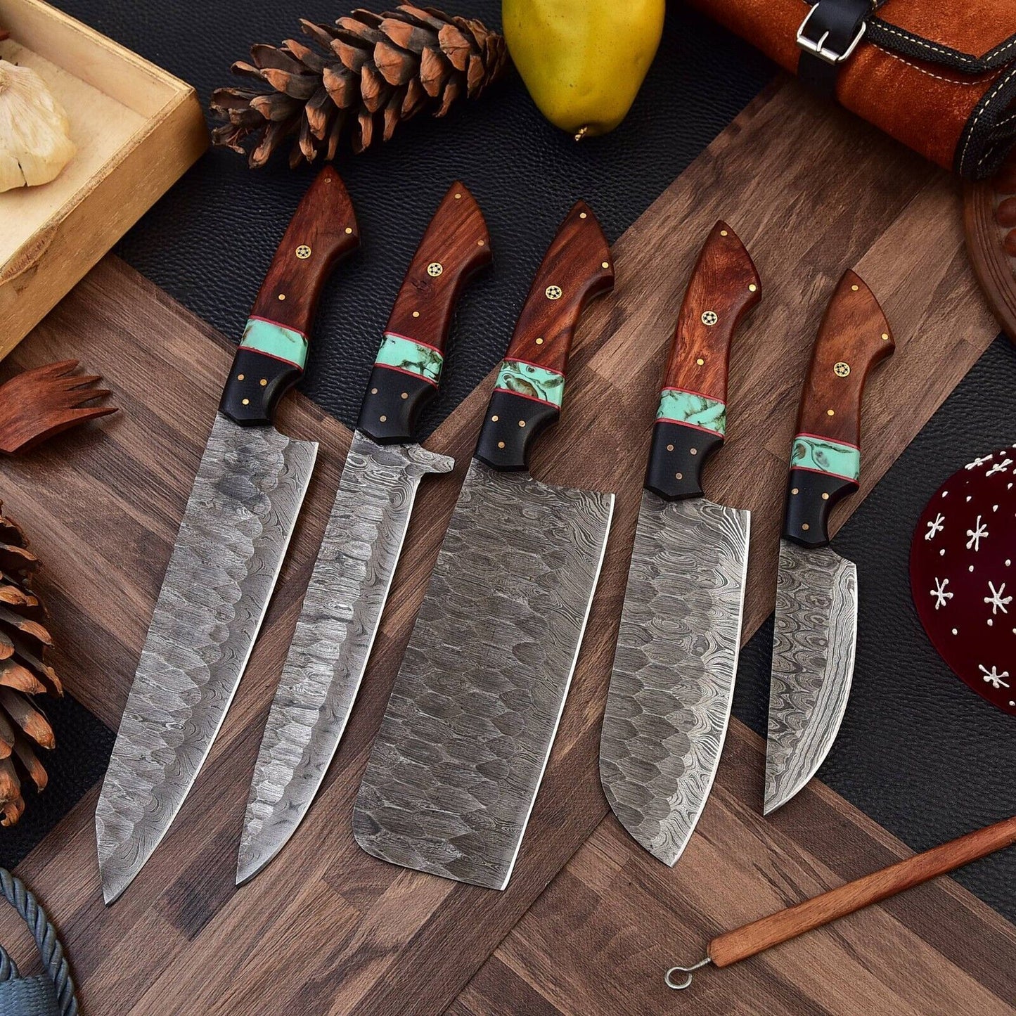 Custom Handmade Damascus Steel Knife Set  5pcs Professional Kitchen Cutlery 2