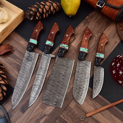 Custom Handmade Damascus Steel Knife Set  5pcs Professional Kitchen Cutlery 2