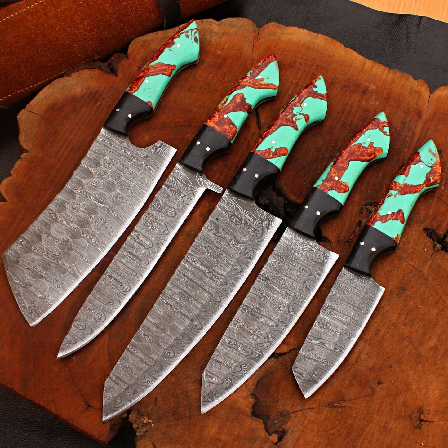 Exclusive Damascus Steel Chef Knife | Handmade 5pcs Kitchen Set