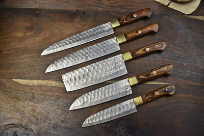 Custom Handmade Damascus Steel Kitchen Knife Set | Professional 5pcs Chef Cutlery
