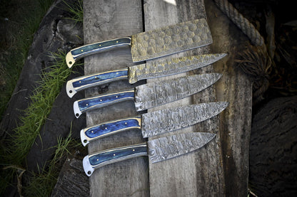 Damascus Steel Forged Chef Knife Set  5pcs Handmade Kitchen Masterpiece 1
