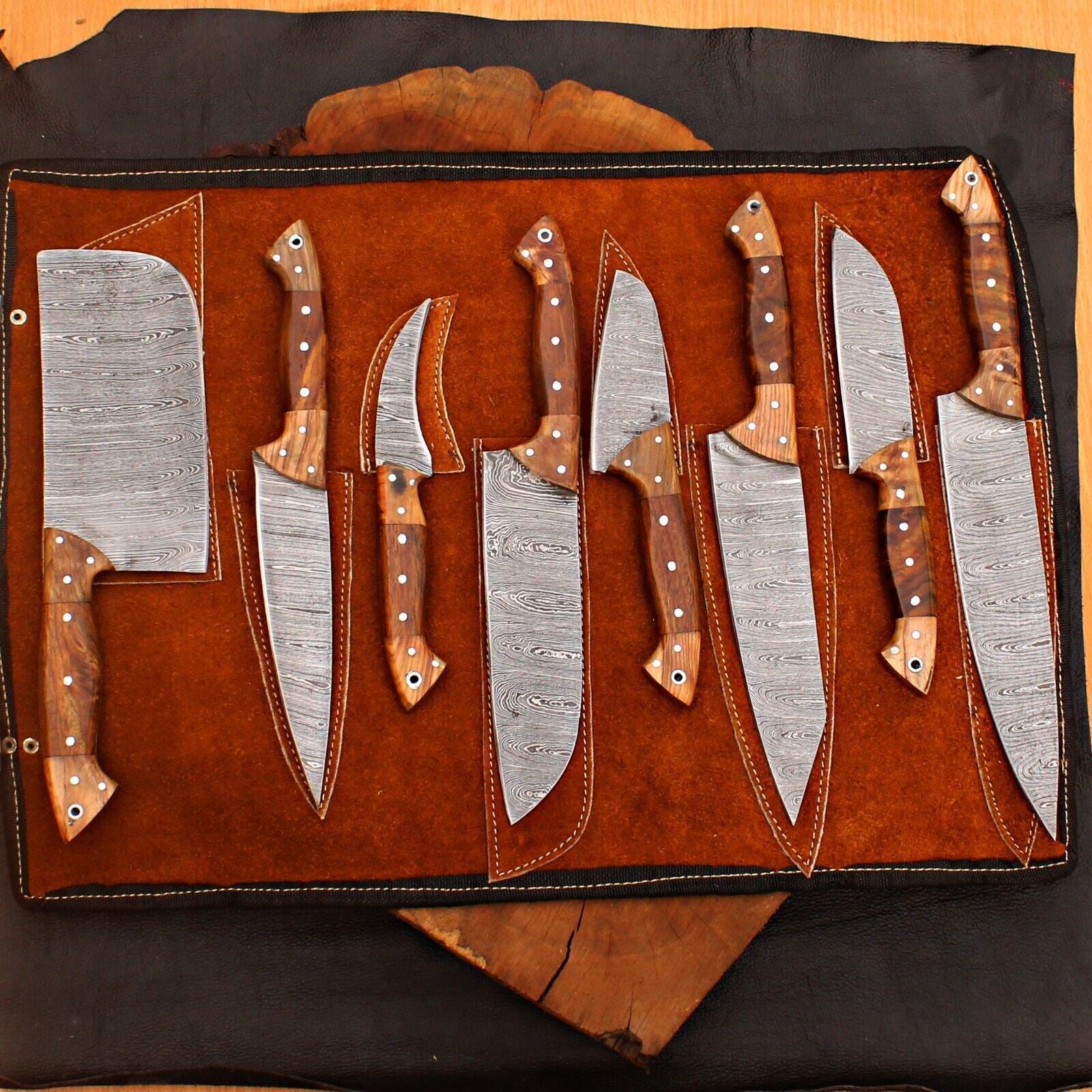 8 Pcs Handmade Damascus Chef Knife Set  Forged Steel Kitchen Cutlery Collection 3