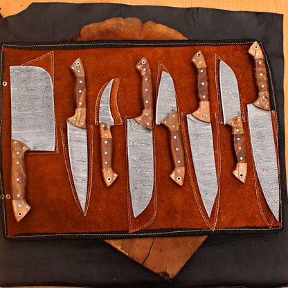 8 Pcs Handmade Damascus Chef Knife Set  Forged Steel Kitchen Cutlery Collection 3