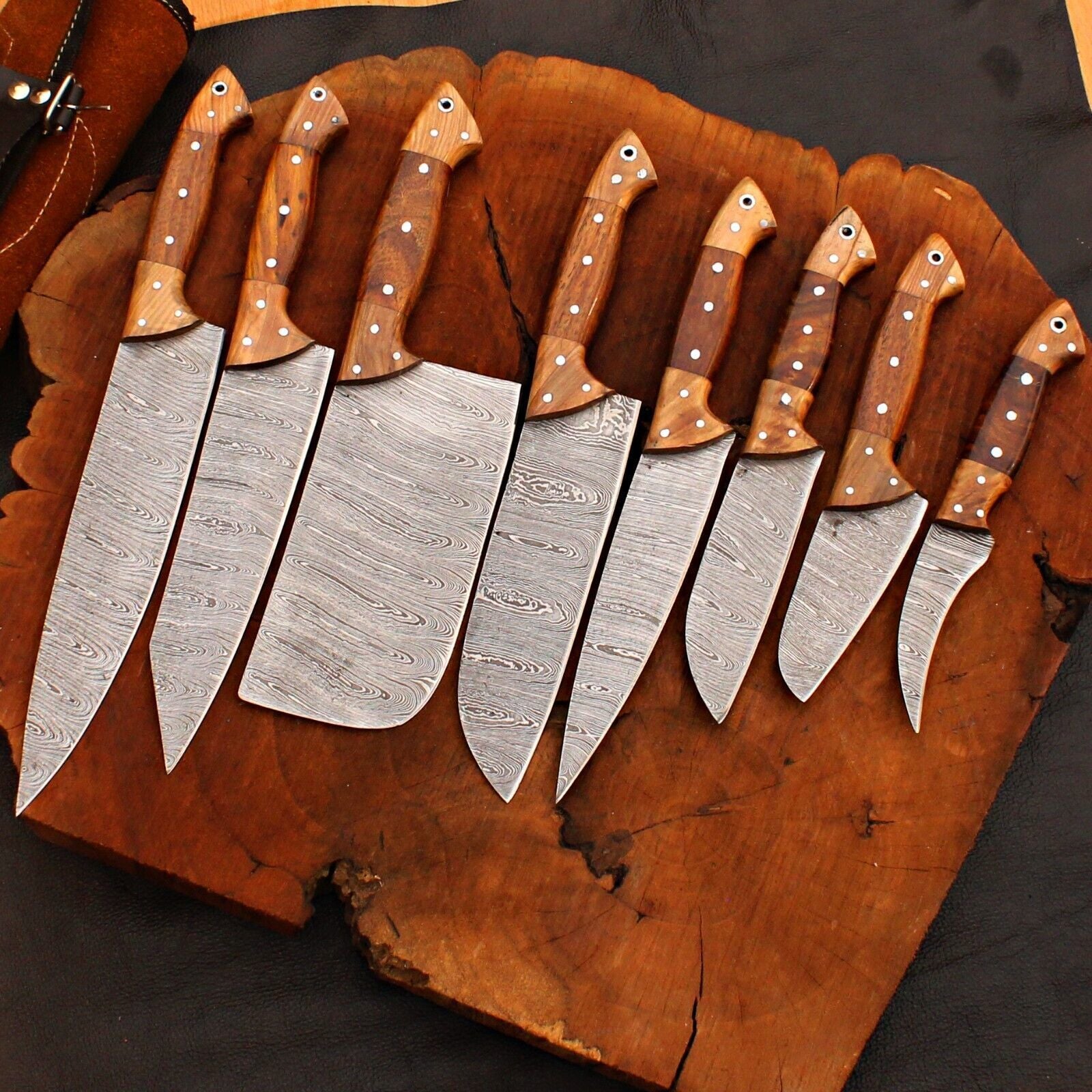 8 Pcs Handmade Damascus Chef Knife Set | Forged Steel Kitchen Cutlery Collection