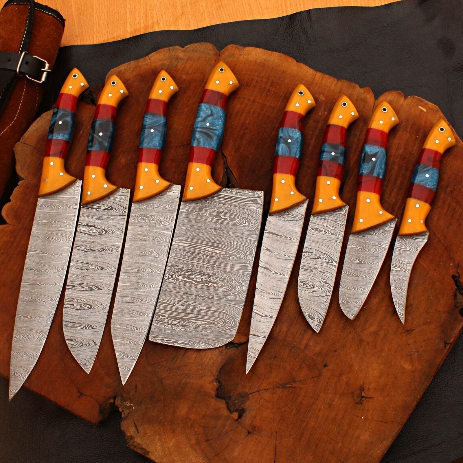 8 Pc Custom Forged Damascus Chef Knife Set | Handmade Kitchen Tools