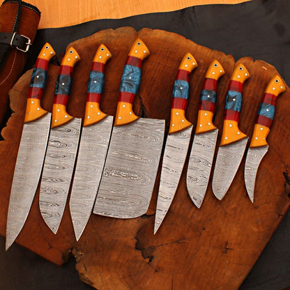 8 Pc Custom Forged Damascus Chef Knife Set | Handmade Kitchen Tools