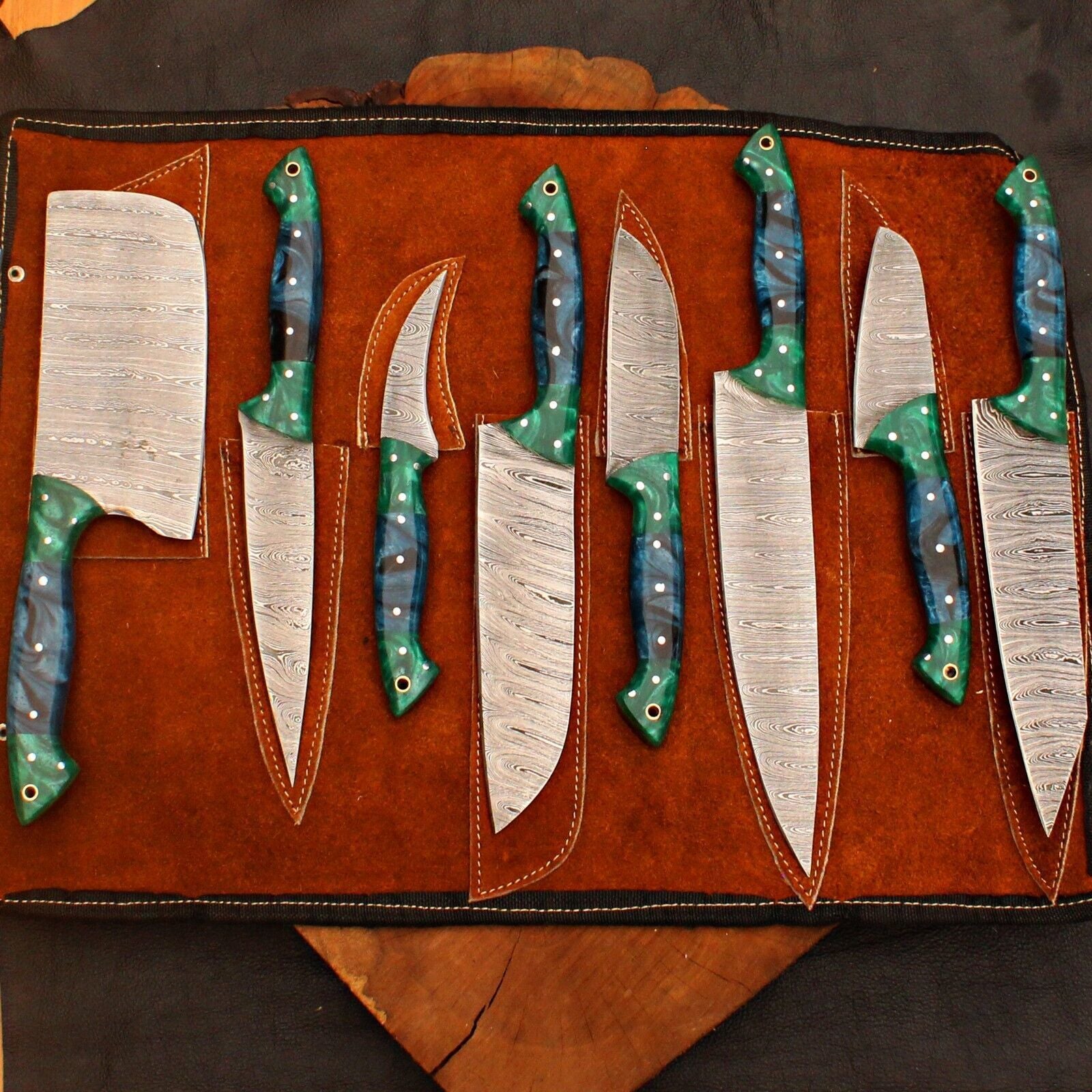 Damascus Steel Chef Knife Set Of 8  Handmade Forged Kitchen Collection 3