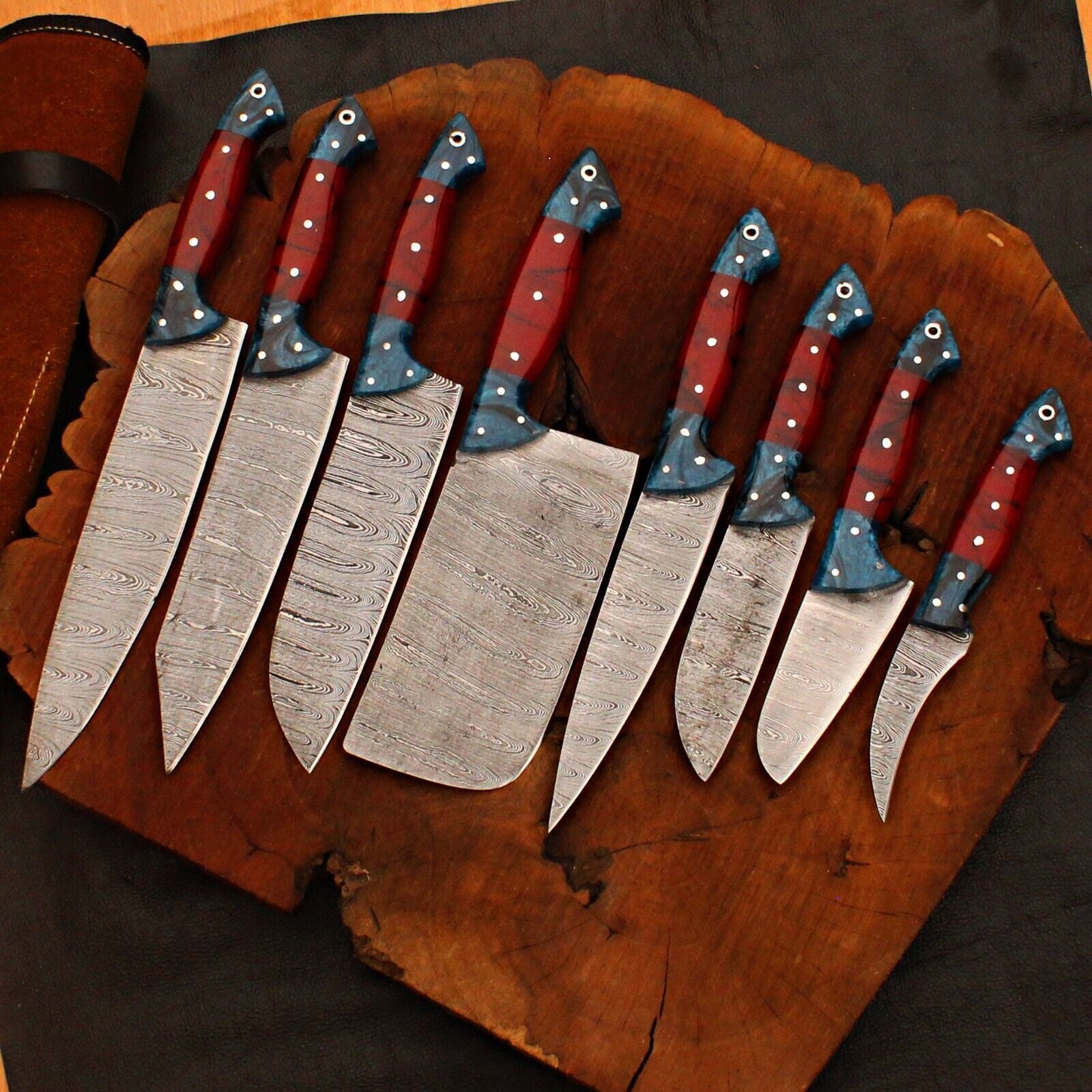 Handmade Damascus Steel Knife Set | 8 Pc Forged Chef Cutlery Collection