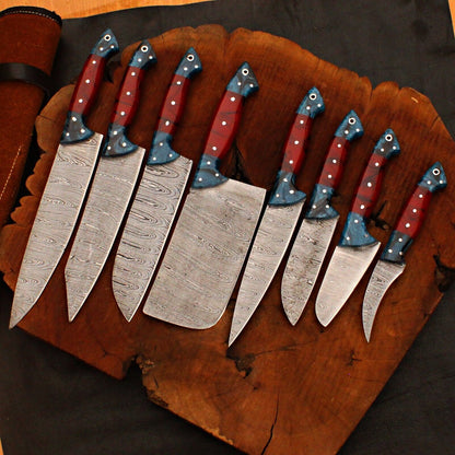 Handmade Damascus Steel Knife Set | 8 Pc Forged Chef Cutlery Collection