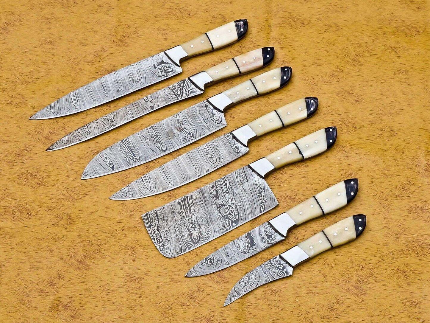 Handmade Damascus Steel 7pcs Professional Chef Knife Set with Leather Bag | Kitchen & Culinary Knives