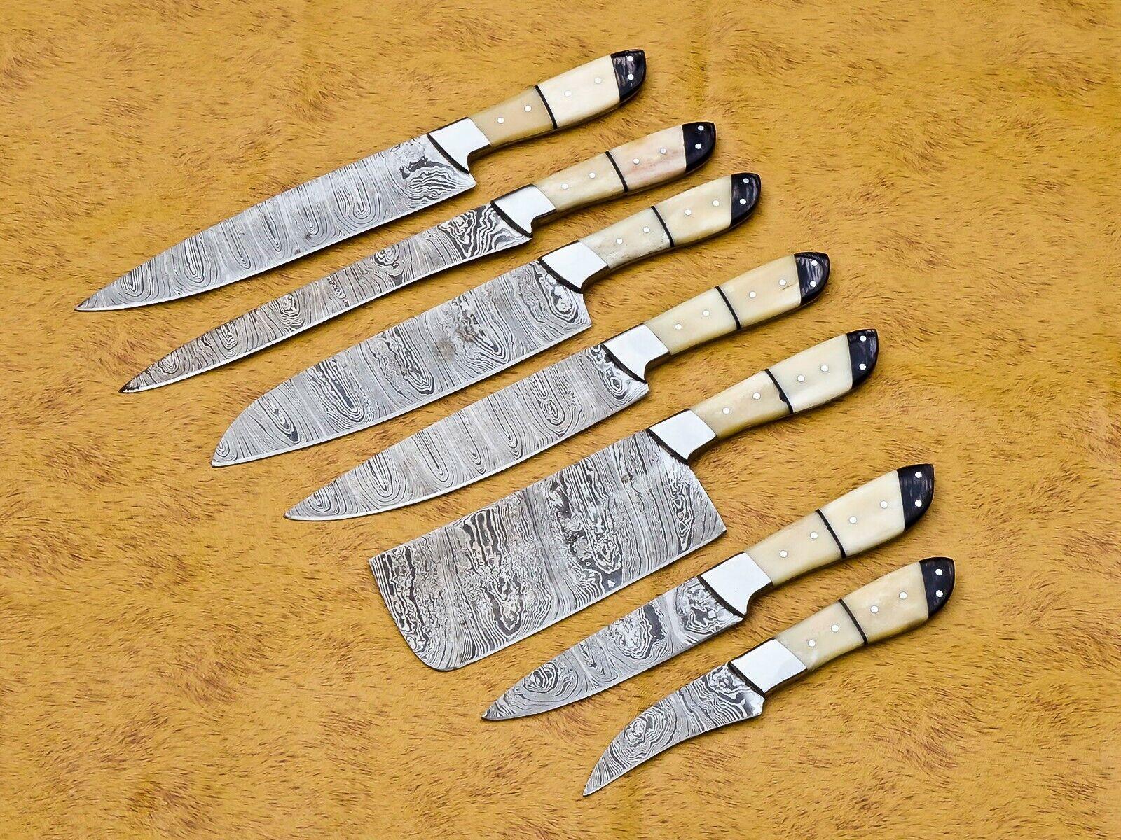 Handmade Damascus Steel 7pcs Professional Chef Knife Set with Leather Bag | Kitchen & Culinary Knives