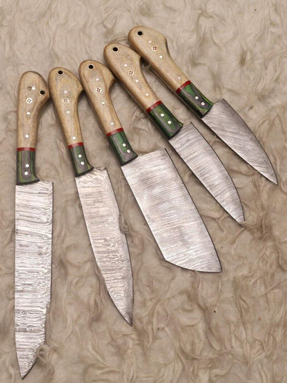 Custom Handmade Damascus Steel Chef Knife Set with Wood Handle | Professional Kitchen Knives