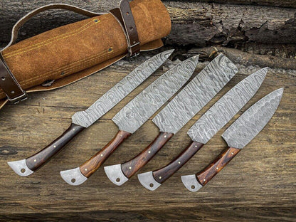 Authentic Forged Damascus Steel Chef Knife Collection with Wooden Handles