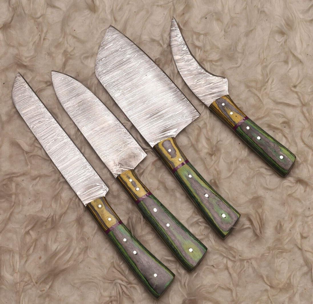 4pc Damascus Steel Chef Knife Bundle | Wood Handle Handmade Set