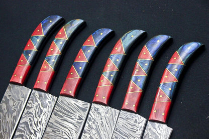 Handmade Damascus Steel 5pcs Chef Knife Set  Engraved Bone Handle BBQ Kitchen Knives With Leather R 1