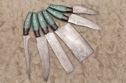 Professional Damascus Chef Knife Set Of 6  Engraved Bone Handle Kitchen Knives 1