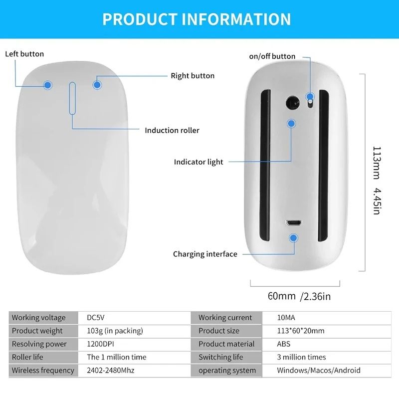 Wireless Bluetooth Magic Computer Mouse Dual Mode Silent Rechargeable Touch Slim Ergonomic Mouse 2