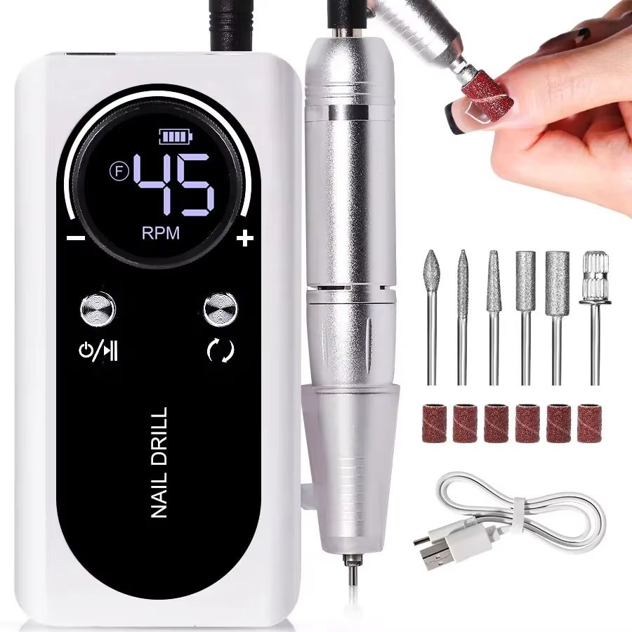 Professional 45,000RPM Rechargeable Electric Nail Drill Machine – Portable Low Noise Nail Sander & File for Salon or Hom