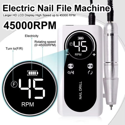 Professional 45000RPM Rechargeable Electric Nail Drill Machine  Portable Low Noise Nail Sander  Fil 1