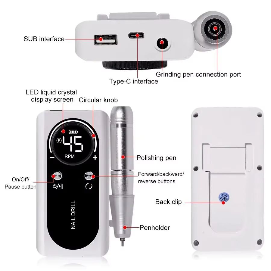 Professional 45000RPM Rechargeable Electric Nail Drill Machine  Portable Low Noise Nail Sander  Fil 4