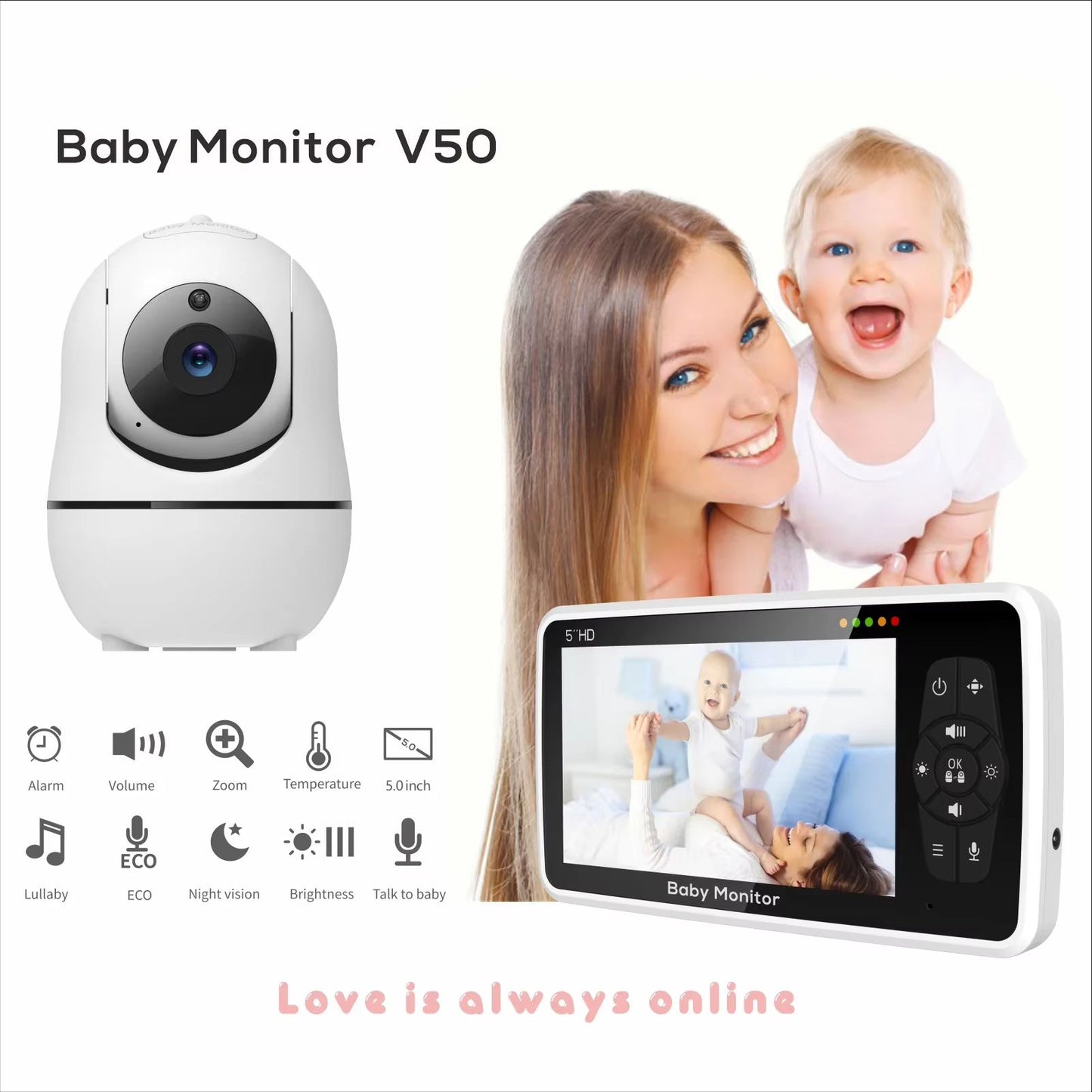 5Inch Video Baby Monitor With Camera  Audio  Long Range 22Hour Battery 4X Zoom 2Way Talk  Temperatu 1