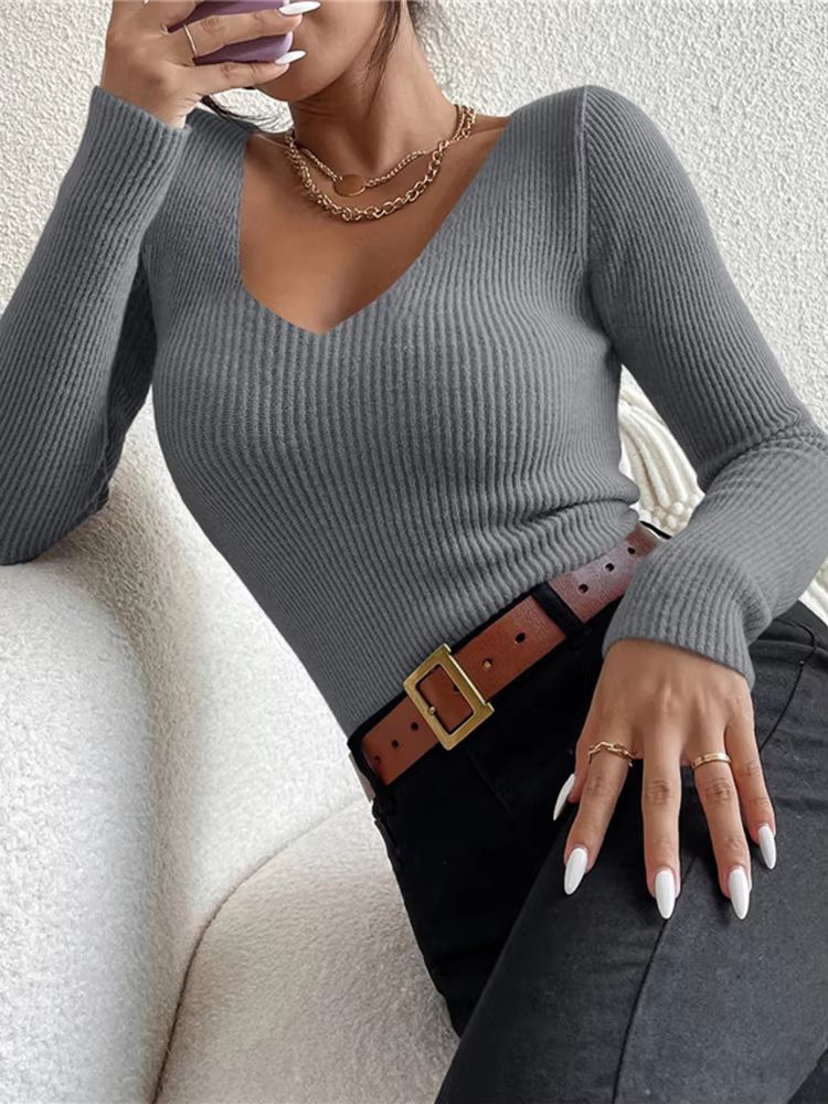 2025 Autumn Winter Womens Rib Knit VNeck Sweater  Cozy Y2K Stripe Pullover Top 10