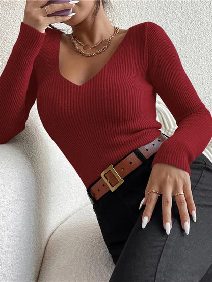 2025 Autumn Winter Womens Rib Knit VNeck Sweater  Cozy Y2K Stripe Pullover Top 13
