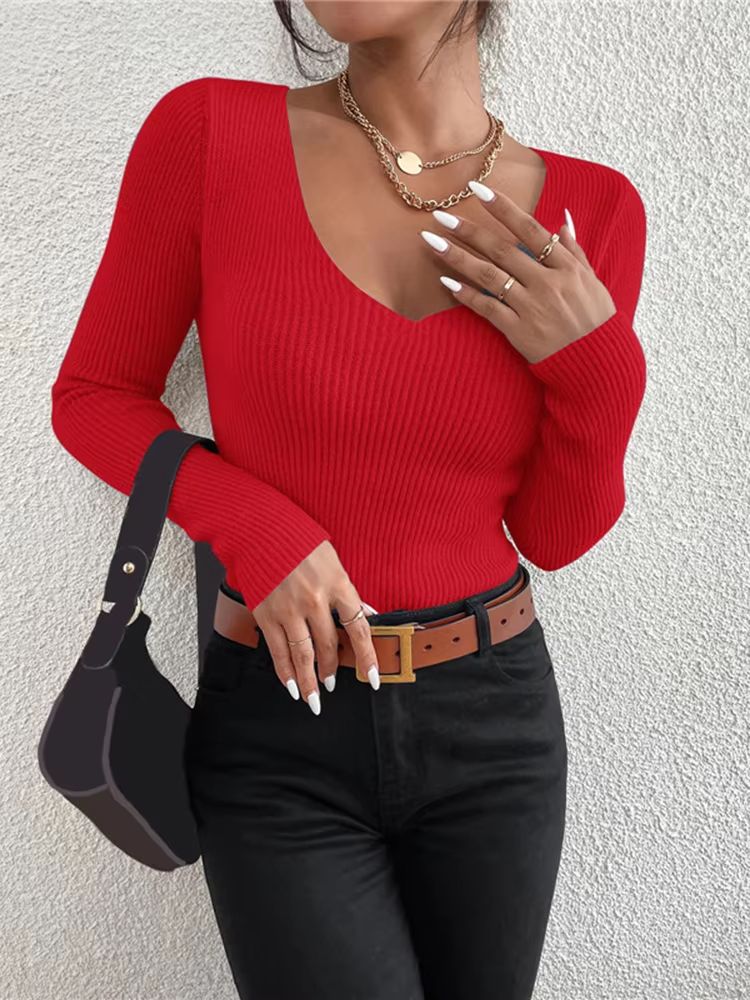 2025 Autumn Winter Womens Rib Knit VNeck Sweater  Cozy Y2K Stripe Pullover Top 5