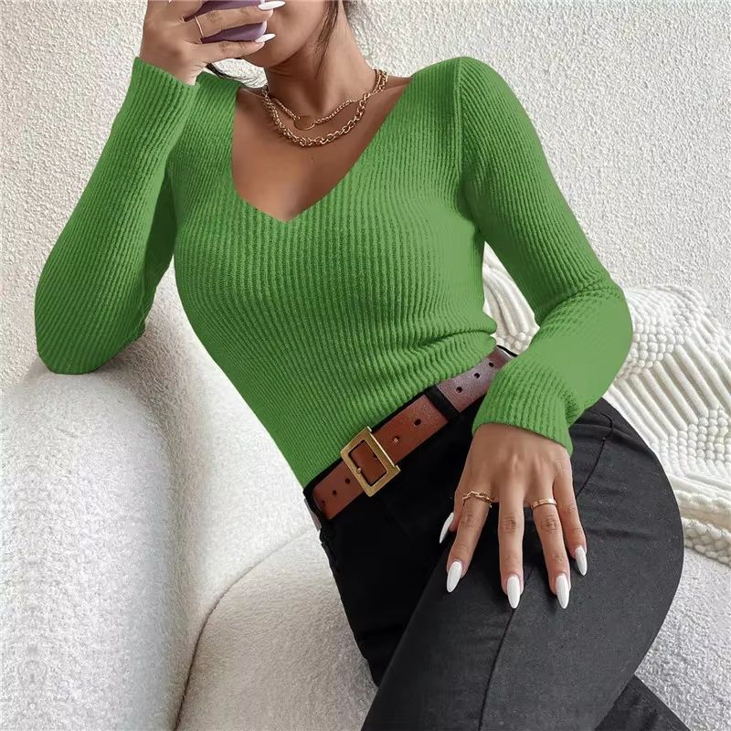 2025 Autumn Winter Womens Rib Knit VNeck Sweater  Cozy Y2K Stripe Pullover Top 8