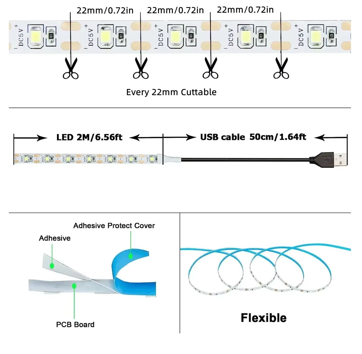 GlowFlex USB LED Strip Lights  2835 White And Warm White Lighting Tape For Home And TV Backlight 1