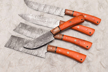 5 Pcs Custom Handmade Damascus Steel Chef Knife Set  Wood Handle  Professional Kitchen Knives 2